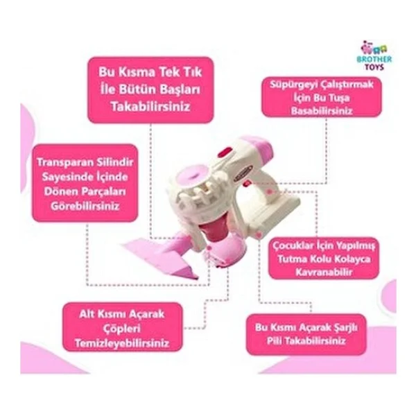 Brother Toys 3'ü 1 Arada Sesli Vakumlu Çekme Özellikli Şarjlı Elektrikli Oyuncak Dikey Süpürge Pembe - Görsel 2