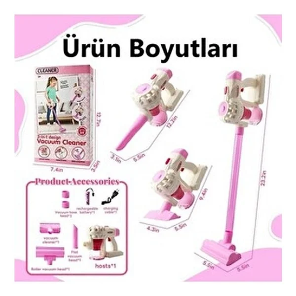 Brother Toys 3'ü 1 Arada Sesli Vakumlu Çekme Özellikli Şarjlı Elektrikli Oyuncak Dikey Süpürge Pembe - Görsel 4