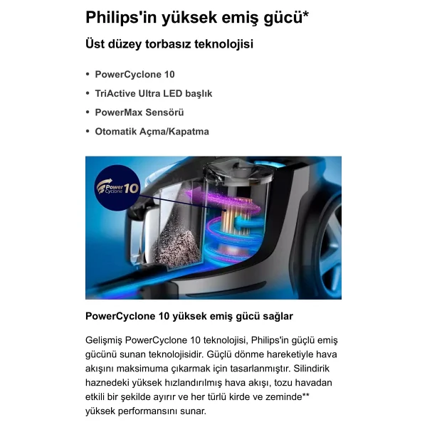 Philips LED Başlıklı Kumandalı Otomatik Sensörlü Marathon Ultimate Yüksek Emiş Güçlü Premium Torbasız Süpürge,Turbo Başlıklı Powercyclone 10 Teknolojili - Yeşil - Görsel 7