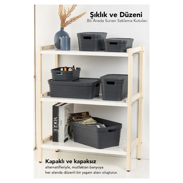 Meleni Home 2 Adet Dekoratif Piramit Saklama Kutusu - Dolap İçi Düzenleyici Organizer Kutu 10,8 Litre Antrasit - Görsel 3