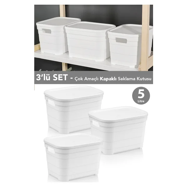 Meleni Home 3 Adet Kapaklı Dekoratif Piramit Saklama Kutusu - Dolap Düzenleyici Organizer Kutu 5 Litre Beyaz - Görsel 6