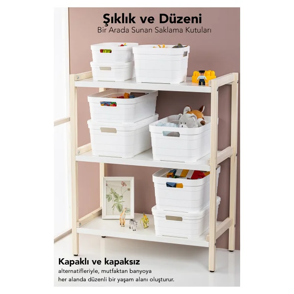 Meleni Home 3 Adet Kapaklı Dekoratif Piramit Saklama Kutusu - Dolap Düzenleyici Organizer Kutu 5 Litre Beyaz - Görsel 3