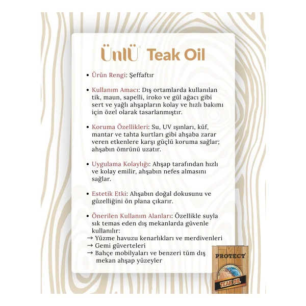 Ünlü Boya Teak Oil (Tik Yağı) - 15 Lt - Görsel 4