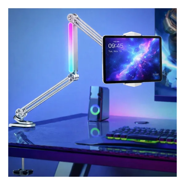 Coverzone P67h Profesyonel Ayarlanabilir LED Işıklı Uzun Kollu Alüminyum Masaüstü 14.6 Inç Kadar Uyumlu iPad İle Uyumlu Tablet Stant Ve Tutucu Cantilever Kol Tasarım, 360° Döner, Tablet Standı - Görsel 10