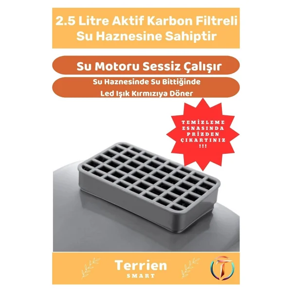 Terrien Smart Seri Özel Üretim Yeni Teknoloji Otomatik Uyarılı Ledli Karbon Filtreli Şık Kedi Köpek Su Kabı - Görsel 3