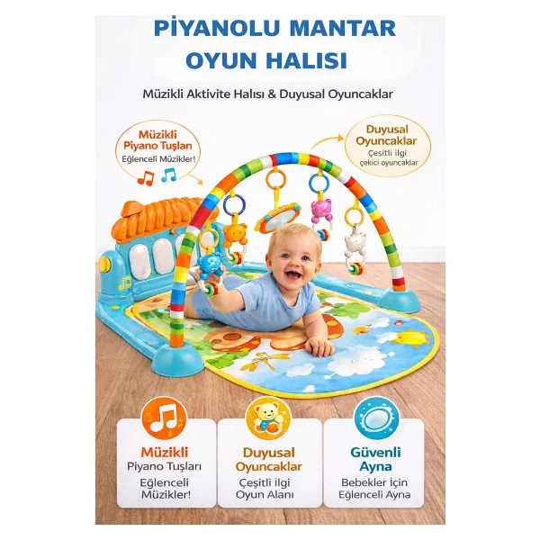 Babycim Piyanolu Mantar Desenli Bebek Oyun Halısı - Hayvan Figürlü - Turuncu - 50 X 70 Cm - Görsel 9