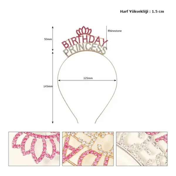 Kristal Tasli Pembe Birthday Princess Yazili Parti Taci 19x11 Cm - Görsel 9