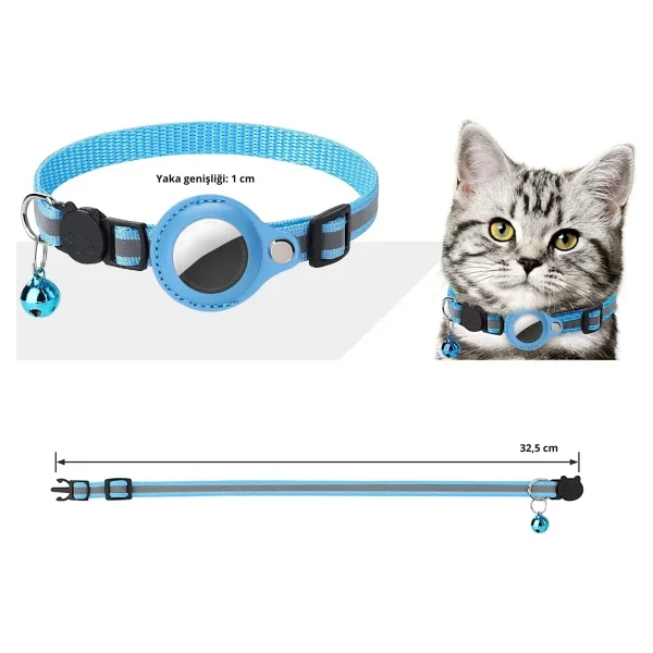 Etashop Airtag Uyumlu Reflektif Kedi Tasması Zilli Ayarlanabilir Kedi Boyun Tasması 22-32 Cm Mavi - Görsel 6