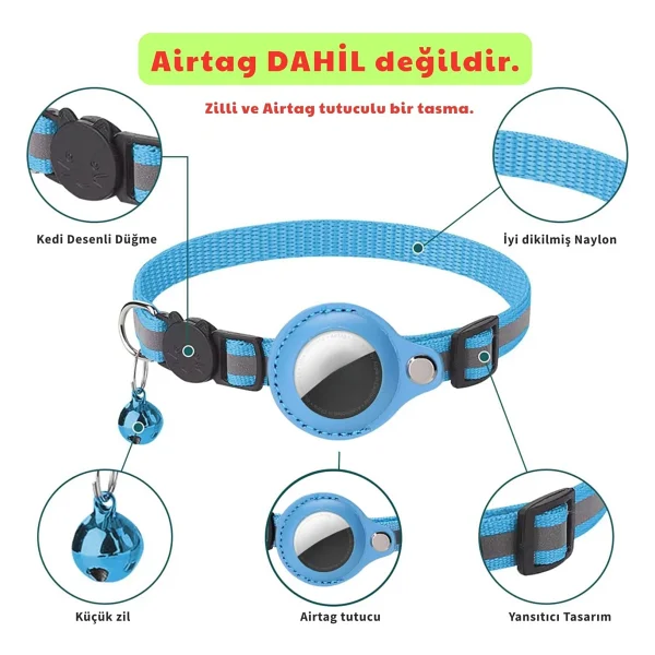 Etashop Airtag Uyumlu Reflektif Kedi Tasması Zilli Ayarlanabilir Kedi Boyun Tasması 22-32 Cm Mavi - Görsel 2