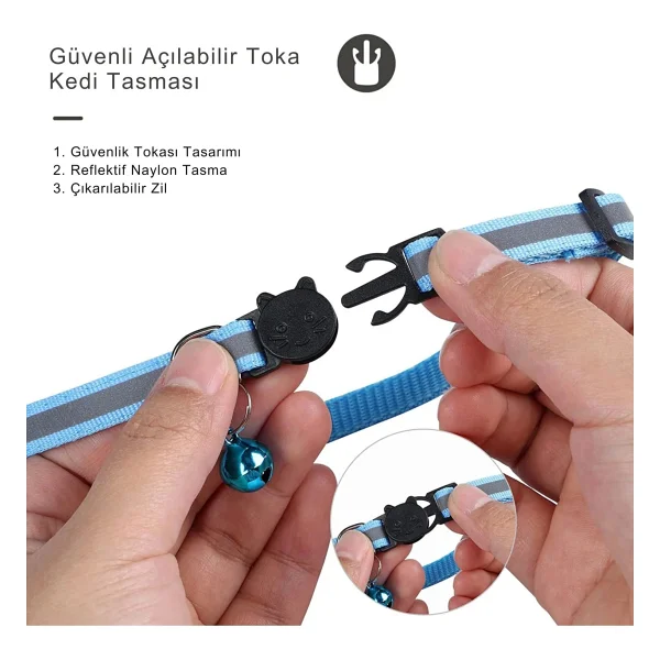 Etashop Airtag Uyumlu Reflektif Kedi Tasması Zilli Ayarlanabilir Kedi Boyun Tasması 22-32 Cm Mavi - Görsel 3