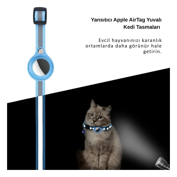 Etashop Airtag Uyumlu Reflektif Kedi Tasması Zilli Ayarlanabilir Kedi Boyun Tasması 22-32 Cm Mavi - Görsel 4