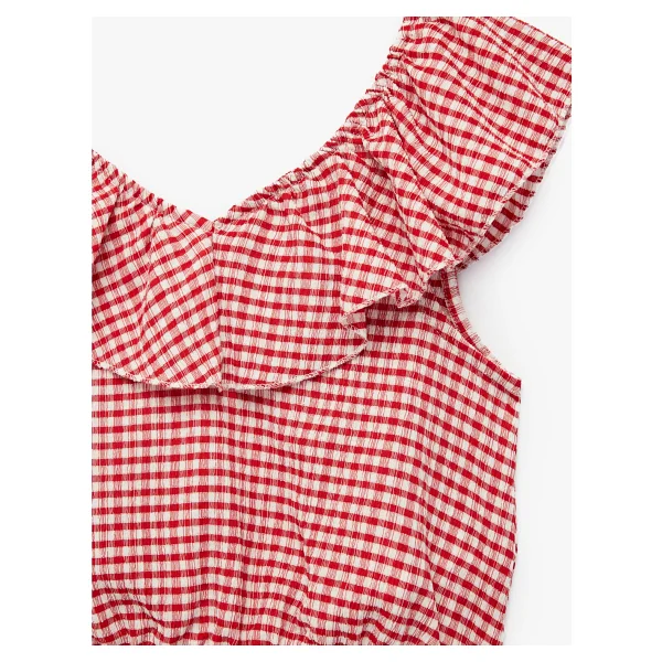 Koton Fırfırlı Kolsuz Düşük Omuz Ekoseli Crop Bluz - Kırmızı - 11 - 12 Yaş - Görsel 3