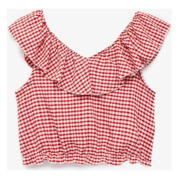 Koton Fırfırlı Kolsuz Düşük Omuz Ekoseli Crop Bluz - Kırmızı - 9 - 10 Yaş
