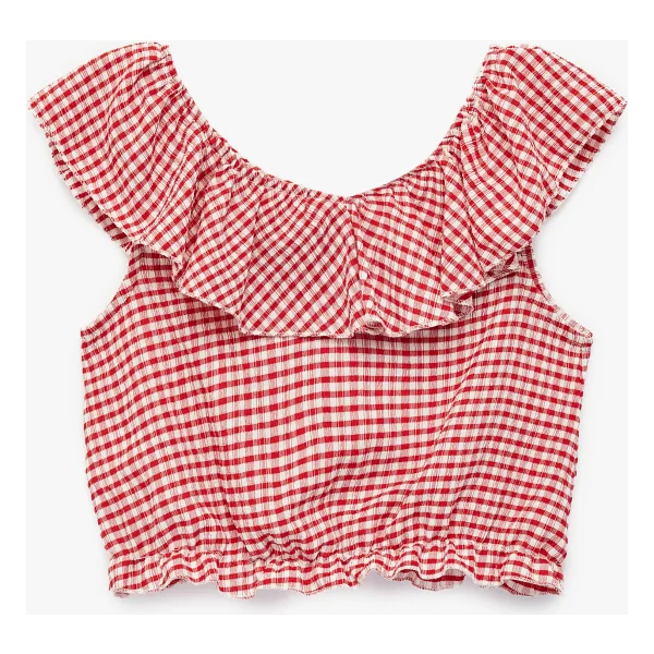 Koton Fırfırlı Kolsuz Düşük Omuz Ekoseli Crop Bluz - Kırmızı - 9 - 10 Yaş - Görsel 2