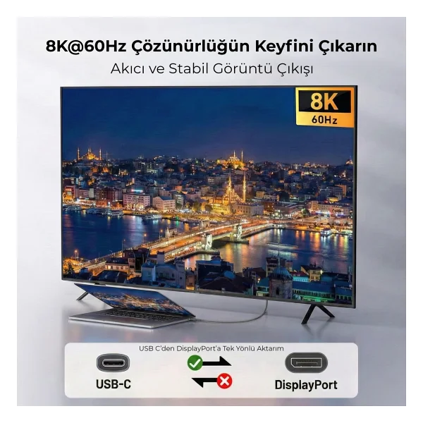 Mikrava USB C Displayport 1.4 Kablo (8k@60hz, 4k@240hz, 2k@360hz) HDR Hdcp Type C To Dp [Thunderbolt 5/4/3, Dex Mode Uyumlu], iPhone 15/16/17 Pro, MacBook, iPad Pro/Air, Samsung S25 Uyumlu (2 Metre) - Görsel 2