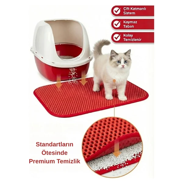 Pugalo Cleanpaw Premium Kedi Tuvalet Önü Paspası, Çift Katmanlı Kedi Kumu Toplayıcı, Geniş Delikli, Kolay Temizlenir (Kırmızı, 50 X 50) - Görsel 8
