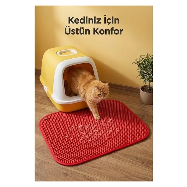 Pugalo Cleanpaw Premium Kedi Tuvalet Önü Paspası, Çift Katmanlı Kedi Kumu Toplayıcı, Geniş Delikli, Kolay Temizlenir (Kırmızı, 50 X 50) - Görsel 2