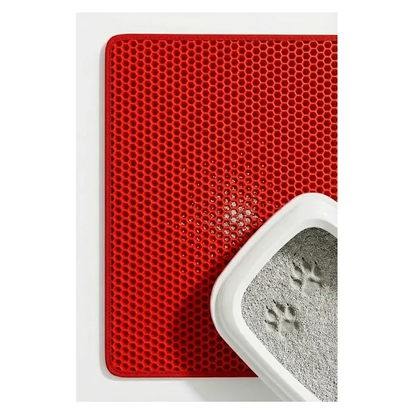 Pugalo Cleanpaw Premium Kedi Tuvalet Önü Paspası, Çift Katmanlı Kedi Kumu Toplayıcı, Geniş Delikli, Kolay Temizlenir (Kırmızı, 50 X 50) - Görsel 3