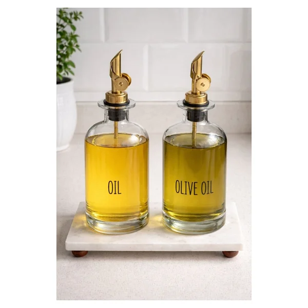 Morponi Mermer Stantlı 2'li Gold Başlıklı Şeffaf Cam Yağdanlık Seti 500 Ml+500 Ml Oliva Glass - Görsel 6
