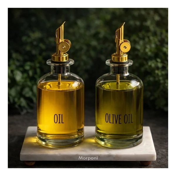 Morponi Mermer Stantlı 2'li Gold Başlıklı Şeffaf Cam Yağdanlık Seti 500 Ml+500 Ml Oliva Glass - Görsel 2