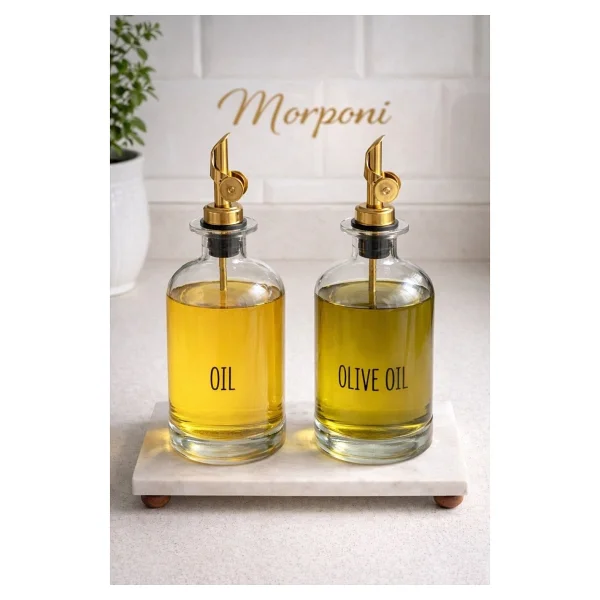 Morponi Mermer Stantlı 2'li Gold Başlıklı Şeffaf Cam Yağdanlık Seti 500 Ml+500 Ml Oliva Glass - Görsel 3