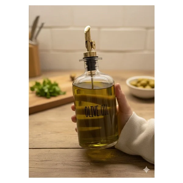 Morponi Mermer Stantlı 2'li Gold Başlıklı Şeffaf Cam Yağdanlık Seti 500 Ml+500 Ml Oliva Glass - Görsel 5