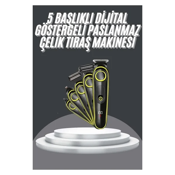 5 Başlıklı Şarjlı Tıraş Makinesi LED Ekran Saç Sakal Ense Tıraşına Uygun Bakım Seti - Görsel 2