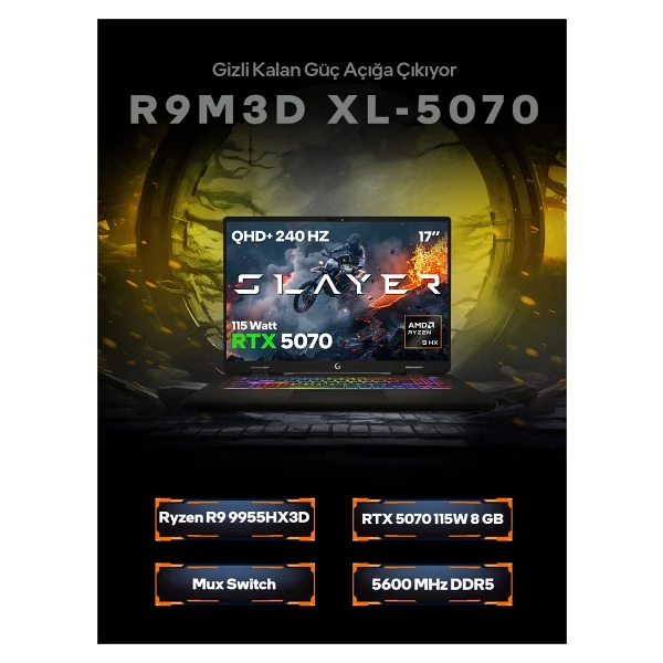 Game Garaj Slayer R9m3d XL-5070 C2 Ryzen 9 9955hx3d 32 GB 1 TB SSD Rtx5070 17" Wqxga Gaming Laptop - Görsel 2