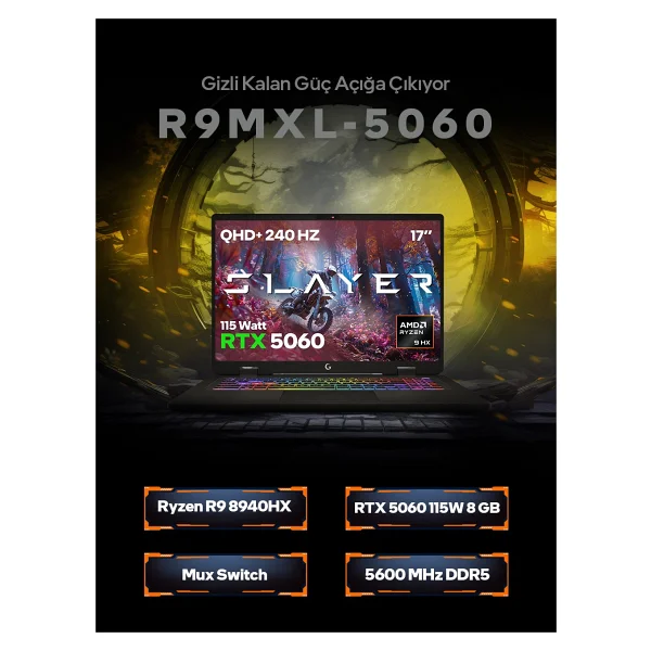 Game Garaj Slayer R9mxl-5060 C7 Ryzen 9 8940hx 16 GB 1 TB SSD Rtx5060 17" Wqxga Gaming Laptop - Görsel 2