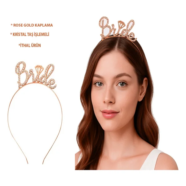Rose Gold Renkli Taşlı "Bride" Gelin Tacı - Görsel 4