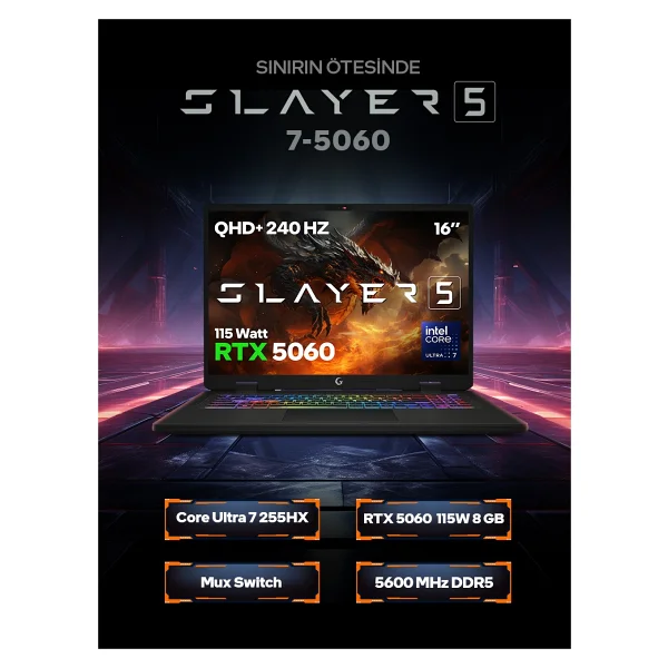 Game Garaj Slayer5 7-5060 C7 Ultra 7 255hx 16 GB 1 TB SSD Rtx5060 16" Wqxga Gaming Laptop - Görsel 2