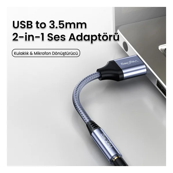 Veggieg USB-A To 3.5mm Jack Aux Mikrofon Destekli Dac Chip Hifi Ses Kartı - Görsel 2