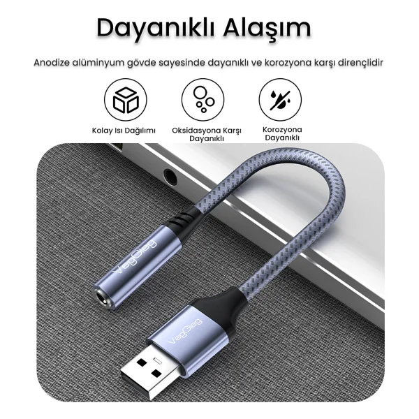 Veggieg USB-A To 3.5mm Jack Aux Mikrofon Destekli Dac Chip Hifi Ses Kartı - Görsel 5