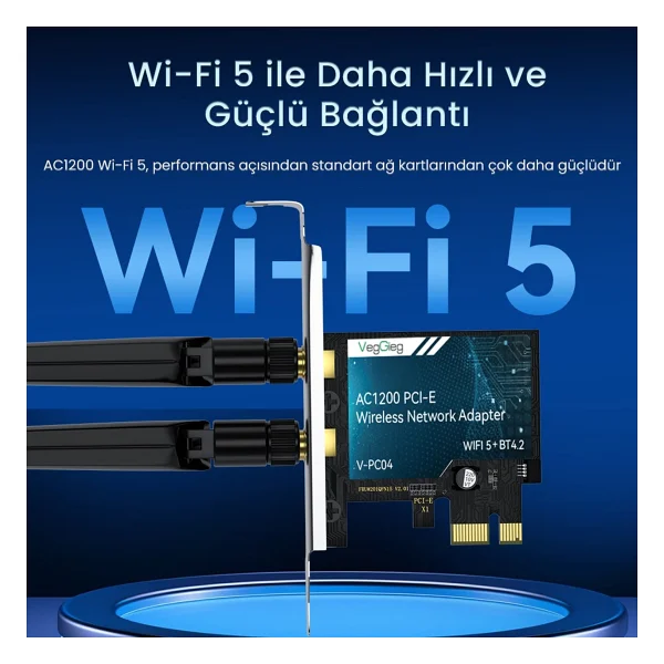 Veggieg Ax1200 Wi-Fi 5 Alıcı Ve Bluetooth 4.2 Adaptör 5db Dual Anten Pcıe Wi-Fi Ağ Kartı - Görsel 3