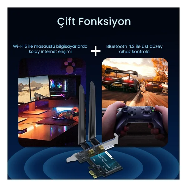 Veggieg Ax1200 Wi-Fi 5 Alıcı Ve Bluetooth 4.2 Adaptör 5db Dual Anten Pcıe Wi-Fi Ağ Kartı - Görsel 4