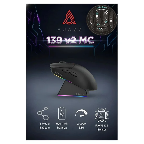 Ajazz Aj139 V2 MC Siyah Şarjlı Optik Kablolu/Kablosuz Oyuncu Mouse - Görsel 10