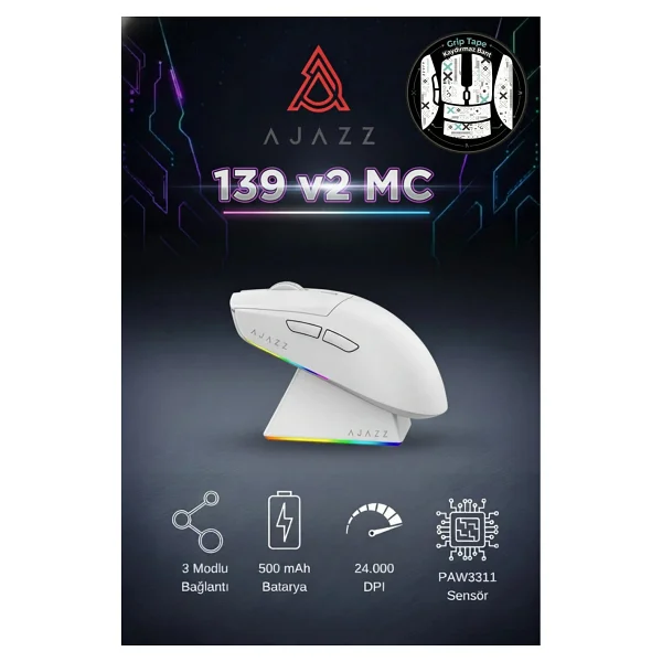 Ajazz Aj139 V2 MC Beyaz Şarjlı Optik Kablolu/Kablosuz Oyuncu Mouse - Görsel 8