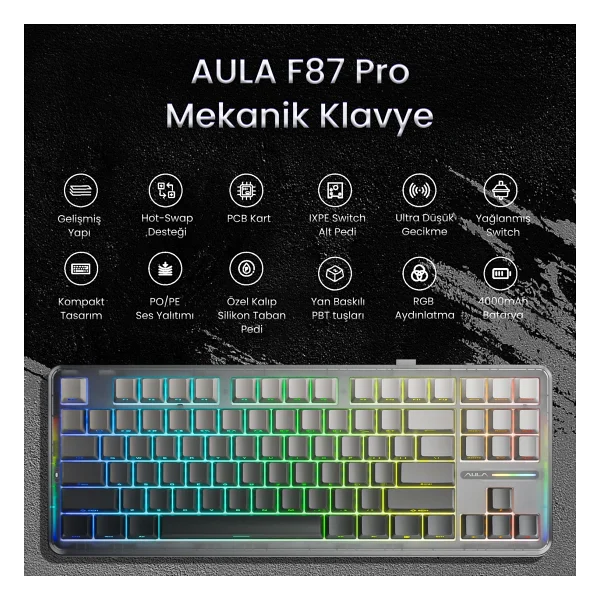 Aula F87 Pro Gradyan Gri RGB Tkl Graywood V4 Switch İngilizce Kablolu/Kablosuz Mekanik Oyuncu Klavyesi - Görsel 2