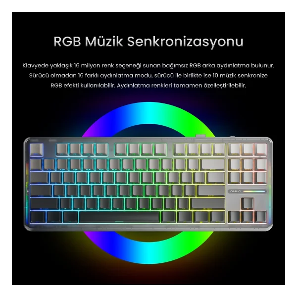 Aula F87 Pro Gradyan Gri RGB Tkl Graywood V4 Switch İngilizce Kablolu/Kablosuz Mekanik Oyuncu Klavyesi - Görsel 5