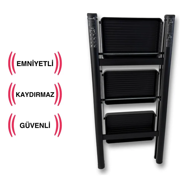 Endokon Katlanır Tutma Kollu Şık Merdiven Siyah 3 Basamaklı - Çelik - Ev - Ofis Merdiveni - Görsel 6