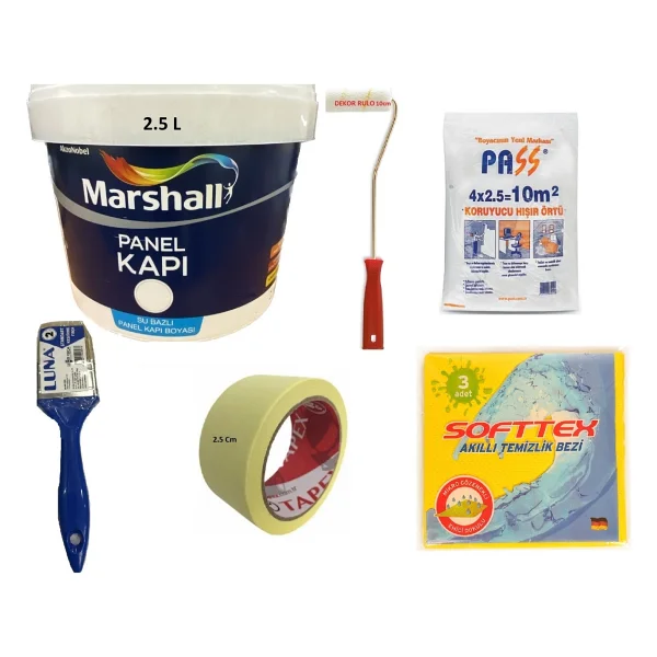 Marshall Su Bazlı Kokusuz Amerikan Panel Kapı Boyası Su Bazlı 2,5 Lt - 6 Parça Boyama Seti - Kül Bulutu - 2.5 L+ Boyama Seti - Görsel 5