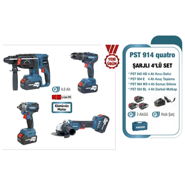 Proter Pst 914 Quatro Pst 945 HD + Pst 904 E + Pst 964 Ws + Pst 924 Bl Üç Akülü 4 Ah Kombo Set - Görsel 2