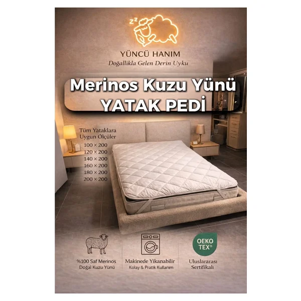 Merinos Kuzu Yünü Yatak Pedi, Yatak Koruyucu, Yatak Şiltesi (%100 Merinos Kuzu Yünü) - 120 X 200 Cm - Görsel 9