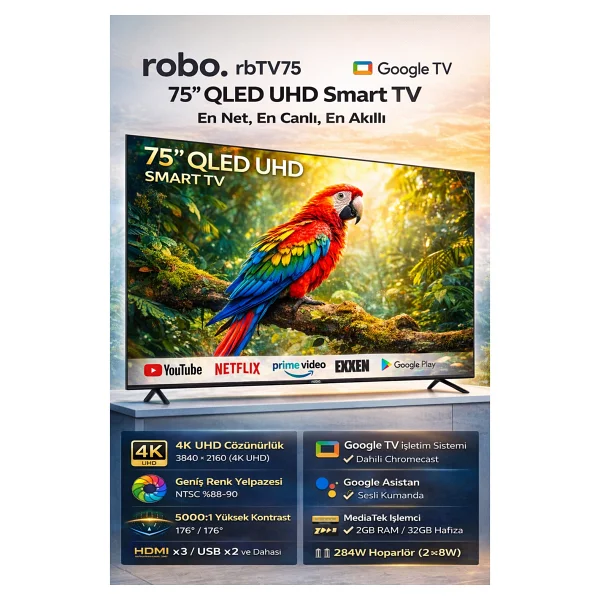 Robo Rbtv75 4K Ultra HD 75" 190 Ekran Uydu Alıcılı Google Smart QLED TV - Görsel 2