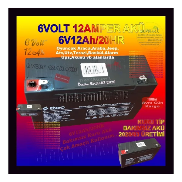 6 Volt 12ah Amper Bakımsız Kuru Akü 6 Volt 12amper Akü Ttec - Görsel 2