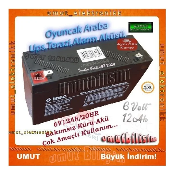 6 Volt 12ah Amper Bakımsız Kuru Akü 6 Volt 12amper Akü Ttec - Görsel 3