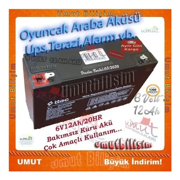 6 Volt 12ah Amper Bakımsız Kuru Akü 6 Volt 12amper Akü Ttec - Görsel 4