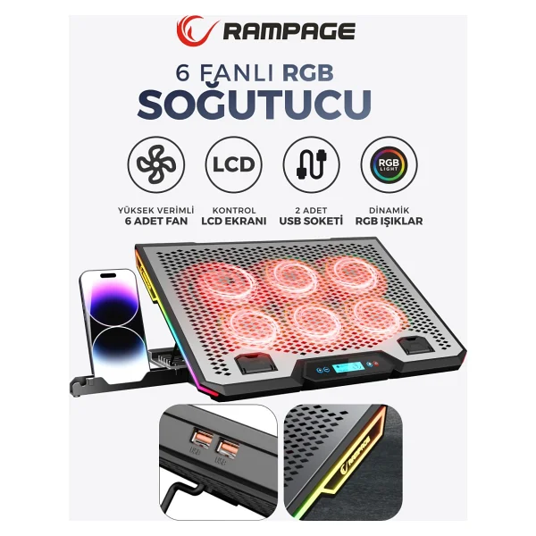 Rampage Blizzard R7 RGB 6 Fanlı USB 2.0 13"-15.6" Laptop Soğutucu - Görsel 9