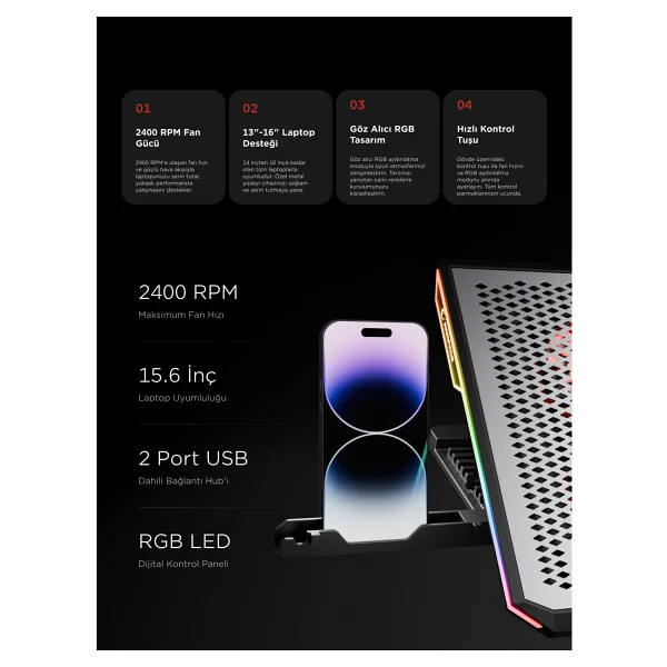 Rampage Blizzard R7 RGB 6 Fanlı USB 2.0 13"-15.6" Laptop Soğutucu - Görsel 5
