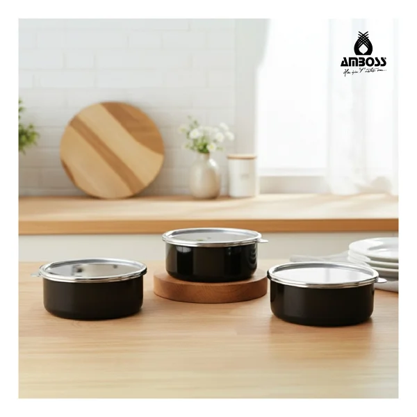 Amboss 6 Parça Crispella 14-16-18 Cm Emaye Saklama Kabı Seti - Siyah - 3 Lt - Görsel 7